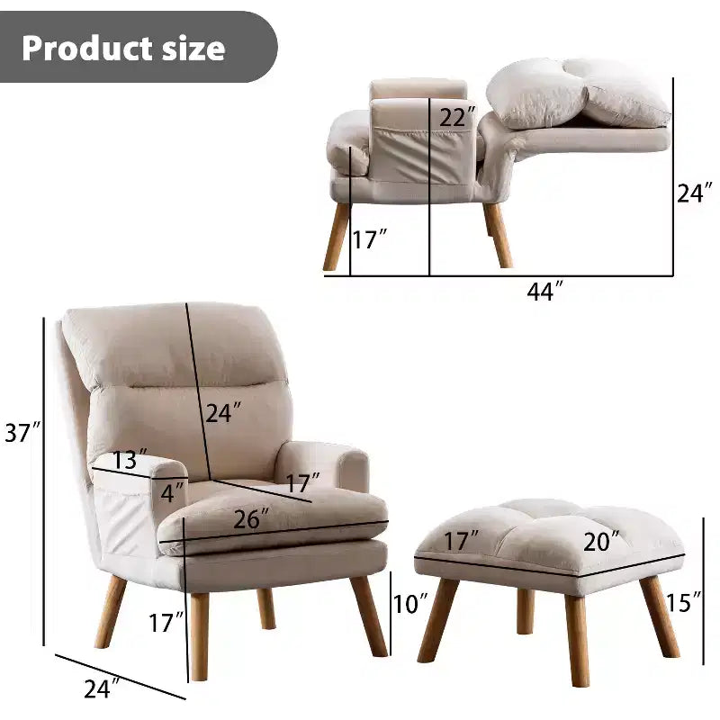 Fauteuil d'appoint Bestier avec pouf, fauteuil en velours pour chambre à coucher et salon, fauteuil de relaxation confortable avec dossier réglable et poche latérale