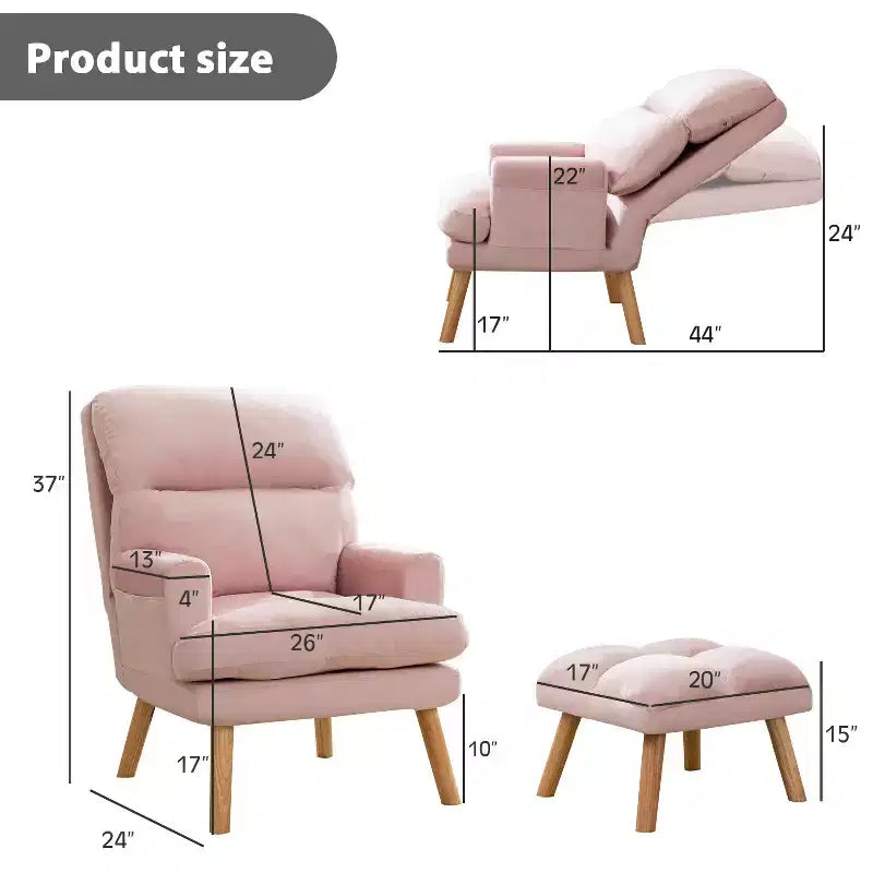 Fauteuil d'appoint Bestier avec pouf, fauteuil en velours pour chambre à coucher et salon, fauteuil de relaxation confortable avec dossier réglable et poche latérale