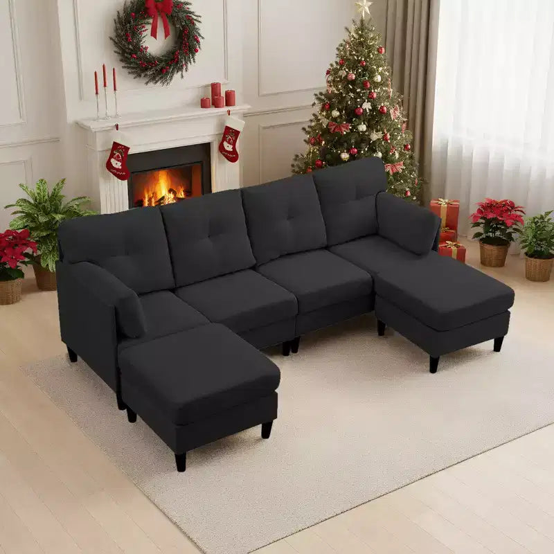 Canapé d'angle modulable convertible Mjkone, canapé 4 places en tissu confortable avec poufs amovibles