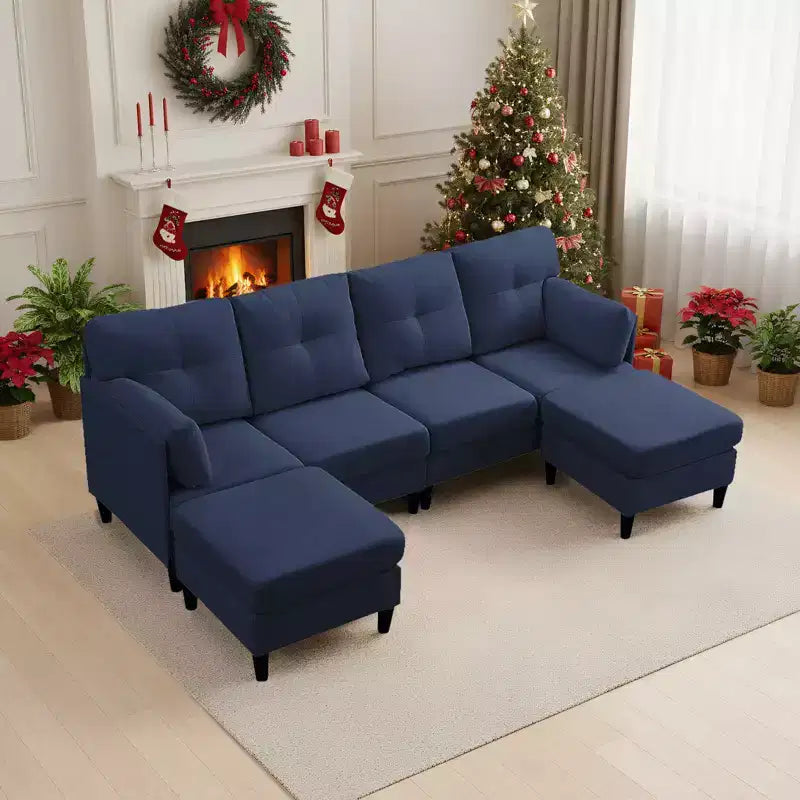 Canapé d'angle modulable convertible Mjkone, canapé 4 places en tissu confortable avec poufs amovibles