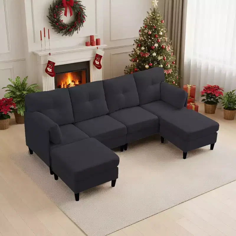 Canapé d'angle modulable convertible Mjkone, canapé 4 places en tissu confortable avec poufs amovibles