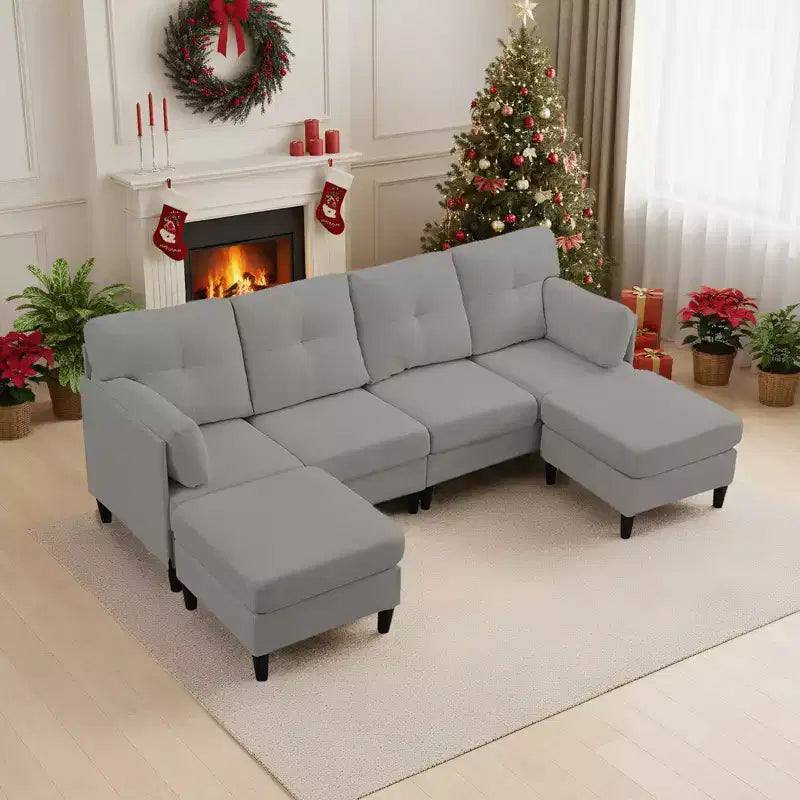 Canapé d'angle modulable convertible Mjkone, canapé 4 places en tissu confortable avec poufs amovibles