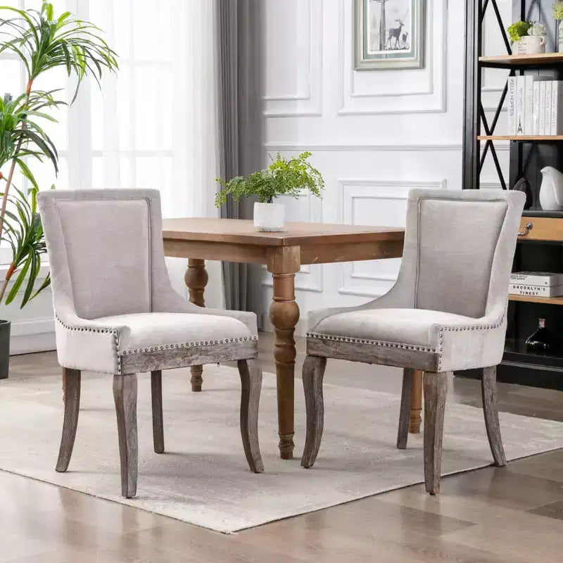 Okak Retro Dining Chairs Set of 2, Comfy Fabric Chairs with Thick Cushions, Kitchen Side Chairs with Solid Wood Legs Bronze Nail Head