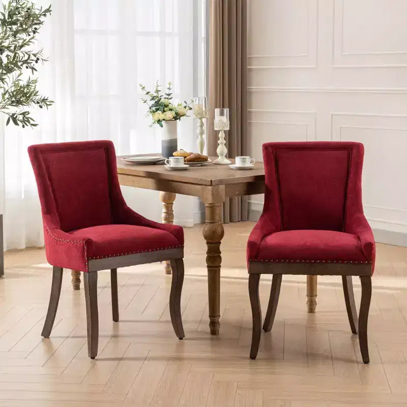Okak Lot de 2 chaises de salle à manger rétro, chaises confortables en tissu avec coussins épais, chaises d'appoint de cuisine avec pieds en bois massif et clous décoratifs en bronze.