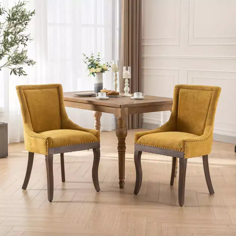 Okak Lot de 2 chaises de salle à manger rétro, chaises confortables en tissu avec coussins épais, chaises d'appoint de cuisine avec pieds en bois massif et clous décoratifs en bronze.