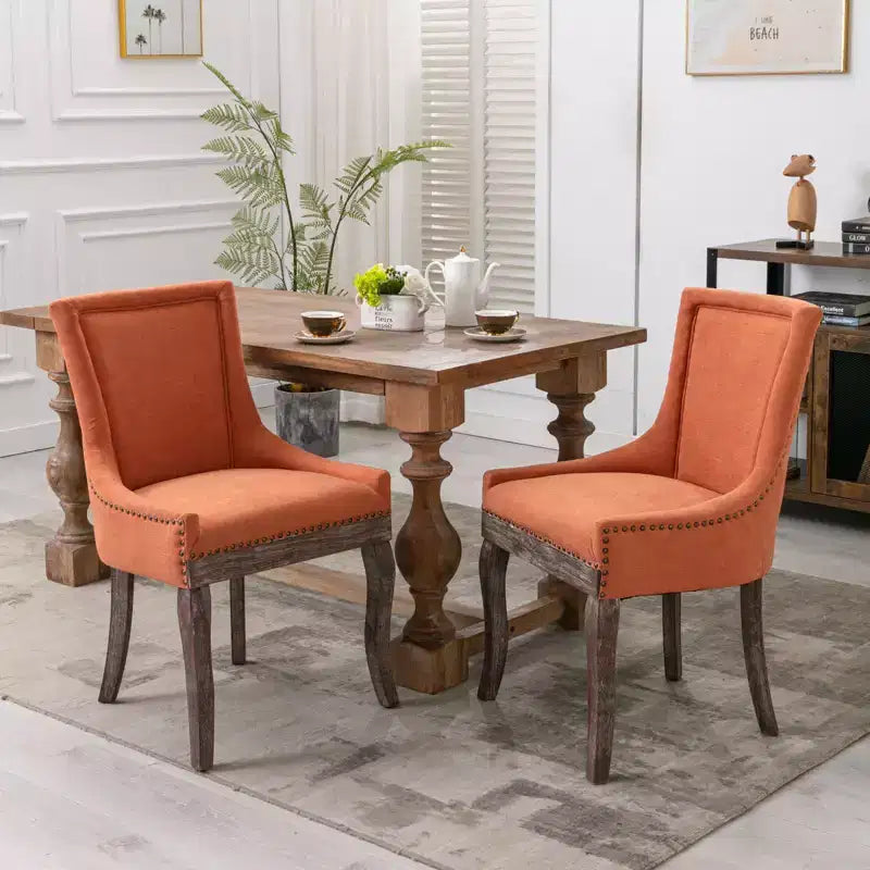 Okak Lot de 2 chaises de salle à manger rétro, chaises confortables en tissu avec coussins épais, chaises d'appoint de cuisine avec pieds en bois massif et clous décoratifs en bronze.