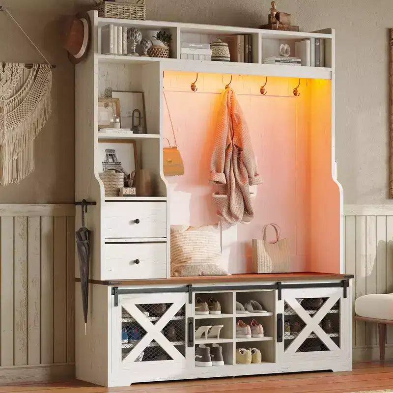 AMERLIFE Arbre de Hall d'entrée 7-en-1 style ferme avec banc et armoire à chaussures, organisateur d'entrée LED avec tiroirs