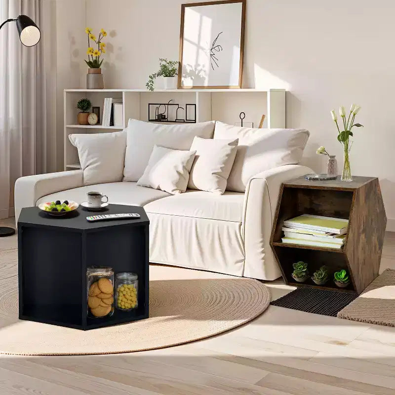 Okak 47.24 Tables basses modernes, lot de 2, tables d'appoint hexagonales, tables de chevet Sumac birman pour salon, bureau, balcon, jardin