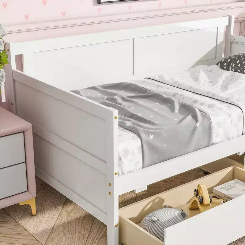 Lit jumeau MATEERTY en bois de pin avec tiroirs de rangement blanc