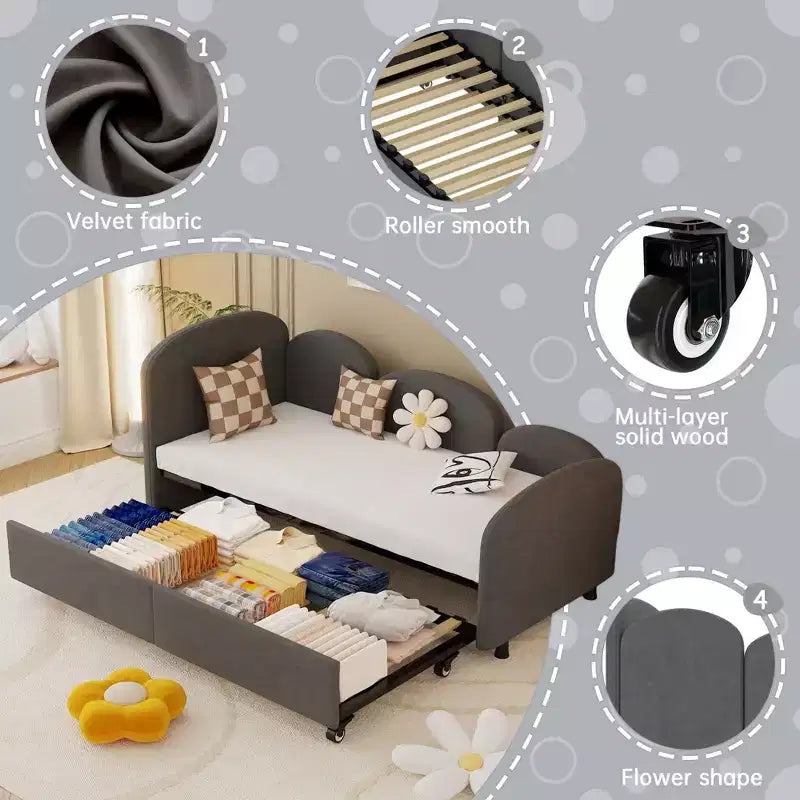 Lit de repos MAYEERTY en velours gris sec, canapé-lit moderne pour salon ou chambre d'enfant