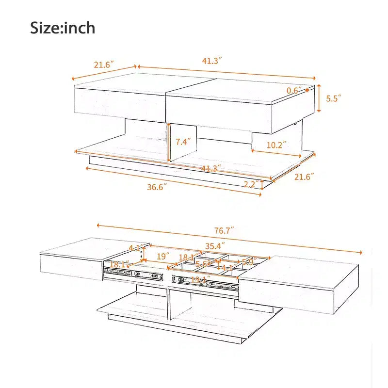 CLIHOME Table basse extensible 41.3-76.7, table basse centrale multifonctionnelle réglable et efficace avec plusieurs compartiments de rangement