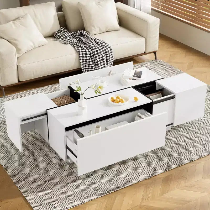CLIHOME Table Basse Extensible 120-185 cm, Table Basse Multi-Fonctionnelle avec 2 Espaces de Rangement Cachés et 2 Tiroirs