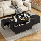 CLIHOME Table Basse Extensible 120-185 cm, Table Basse Multi-Fonctionnelle avec 2 Espaces de Rangement Cachés et 2 Tiroirs
