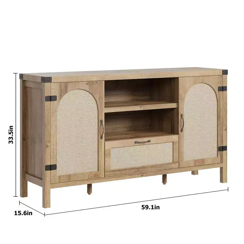 Bahut en rotin avec tiroir et étagères ouvertes, meuble de bar à café de style bohème ou ferme pour cuisine, salle à manger ou salon