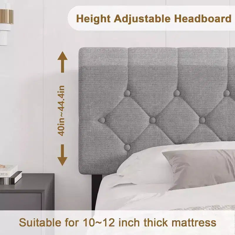 Lit plateforme rembourré en lin avec tête de lit réglable et ports USB - Pas de sommier tapissier, lattes silencieuses, assemblage facile (gris)