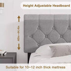 Lit plateforme rembourré en lin avec tête de lit réglable et ports USB - Pas de sommier tapissier, lattes silencieuses, assemblage facile (gris)