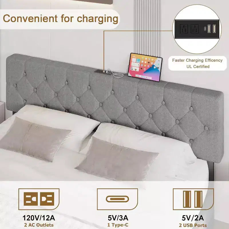 Lit plateforme rembourré en lin avec tête de lit réglable et ports USB - Pas de sommier tapissier, lattes silencieuses, assemblage facile (gris)