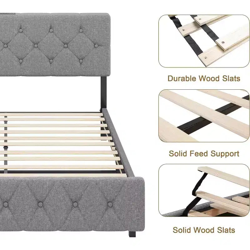 Lit plateforme rembourré en lin avec tête de lit réglable et ports USB - Pas de sommier tapissier, lattes silencieuses, assemblage facile (gris)