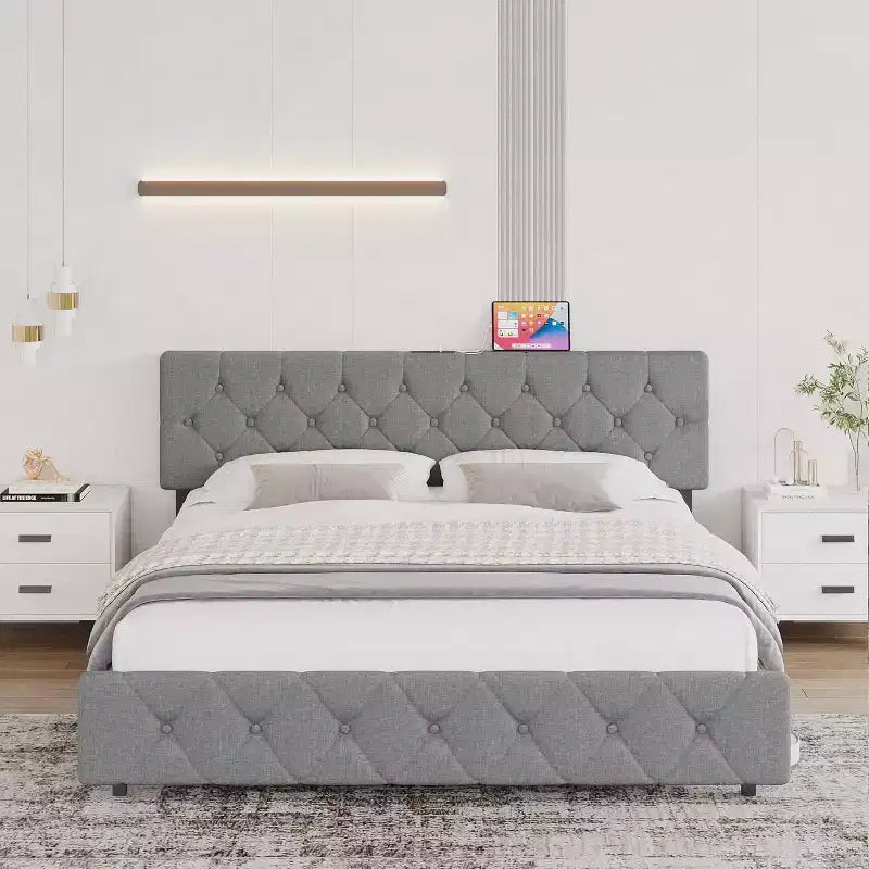 Lit plateforme rembourré en lin avec tête de lit réglable et ports USB - Pas de sommier tapissier, lattes silencieuses, assemblage facile (gris)