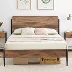 Cadre de lit Queen Size avec tête et pied de lit en Noyer - Plateforme en métal robuste, rangement de 32 cm, pas besoin de sommier tapissier, montage facile
