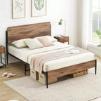 Cadre de lit Queen Size avec tête et pied de lit en Noyer - Plateforme en métal robuste, rangement de 32 cm, pas besoin de sommier tapissier, montage facile