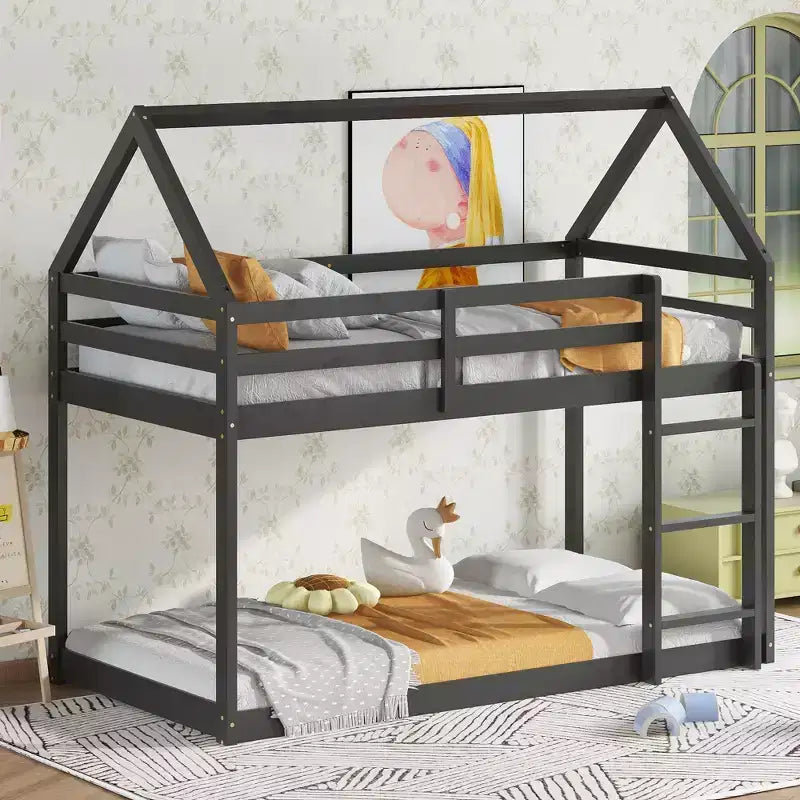 MAYEERTY Lit superposé double en bois d'hévéa avec échelle, barrières de sécurité, lit superposé en forme de maison Noir