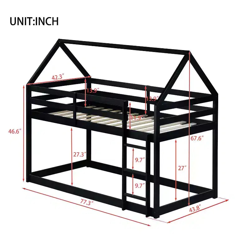 MAYEERTY Lit superposé double en bois d'hévéa avec échelle, barrières de sécurité, lit superposé en forme de maison Noir
