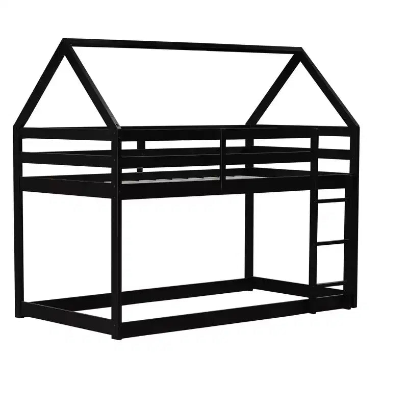 MAYEERTY Lit superposé double en bois d'hévéa avec échelle, barrières de sécurité, lit superposé en forme de maison Noir