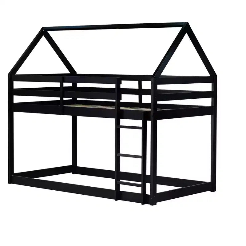 MAYEERTY Lit superposé double en bois d'hévéa avec échelle, barrières de sécurité, lit superposé en forme de maison Noir