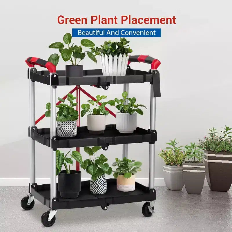 Chariot de service pliable 2025, chariot roulant utilitaire portable à 3 niveaux, capacité de charge de 25,4 kg par étagère, avec roues et poignée ergonomique