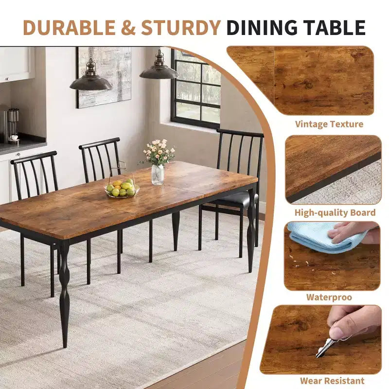 Table de salle à manger de 200 cm pour 6 à 8 personnes, grande table de cuisine rectangulaire avec pieds en acier robustes, meubles de cuisine et de salle à manger industriels aux coins arrondis