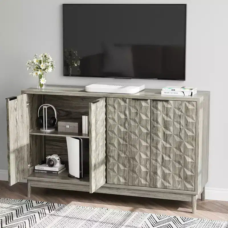 GDFStudio Hwei Armoire de rangement moderne de 140 cm avec 4 portes à relief diamant et étagères réglables
