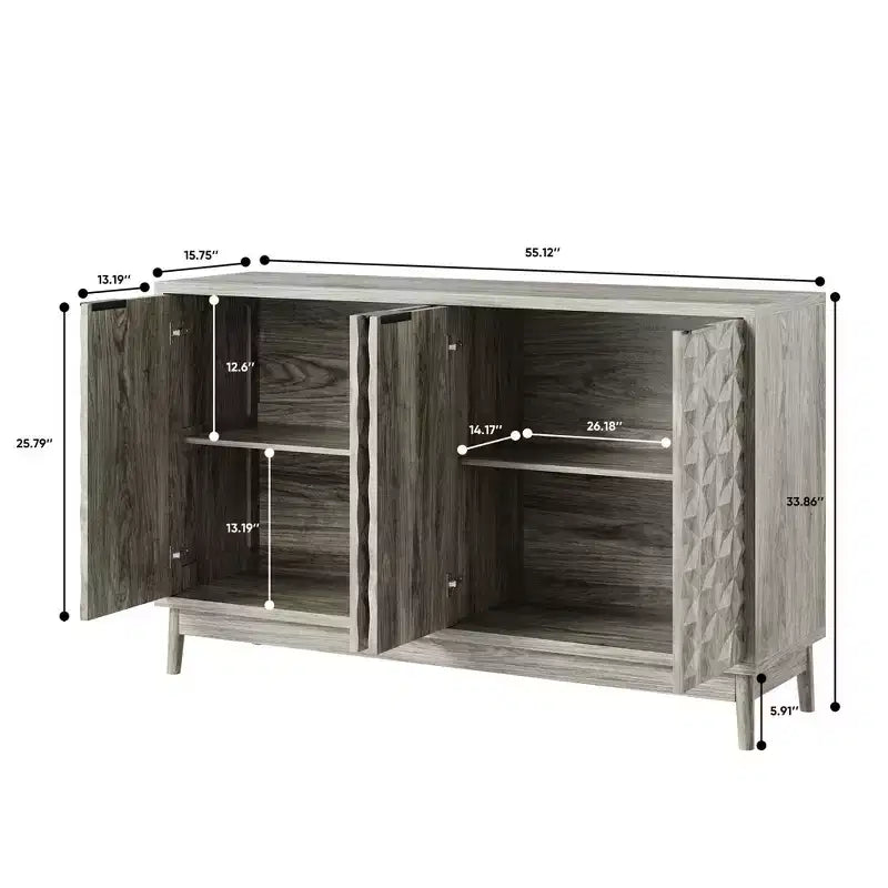 GDFStudio Hwei Armoire de rangement moderne de 140 cm avec 4 portes à relief diamant et étagères réglables
