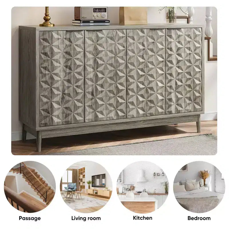GDFStudio Hwei Armoire de rangement moderne de 140 cm avec 4 portes à relief diamant et étagères réglables