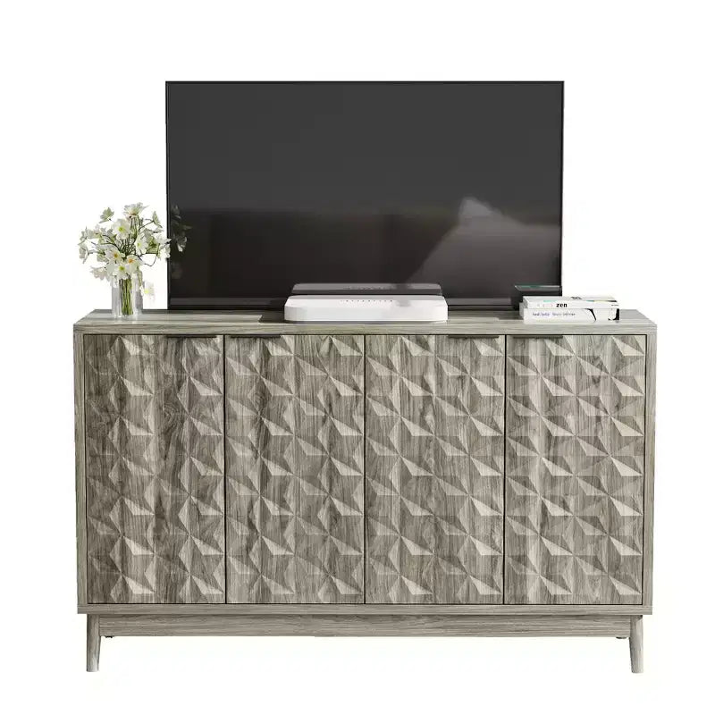 GDFStudio Hwei Armoire de rangement moderne de 140 cm avec 4 portes à relief diamant et étagères réglables