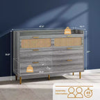Acekool Commode double 6 tiroirs 47 Noyer, Commode moderne en rotin, Grande commode de rangement avec quincaillerie dorée pour chambre à coucher, salon, couloir