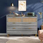Acekool Commode double 6 tiroirs 47 Noyer, Commode moderne en rotin, Grande commode de rangement avec quincaillerie dorée pour chambre à coucher, salon, couloir