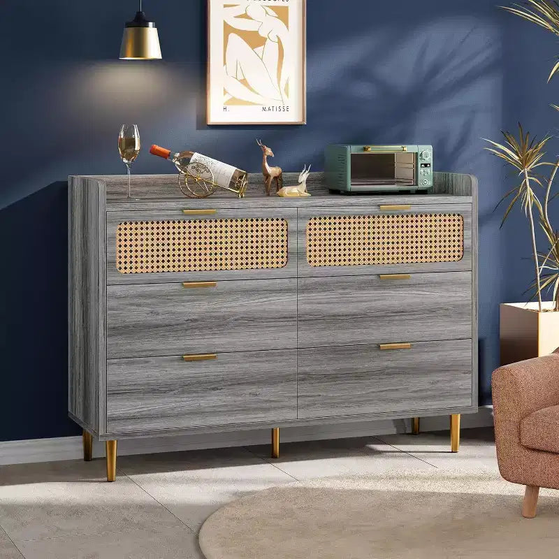 Acekool Commode double 6 tiroirs 47 Noyer, Commode moderne en rotin, Grande commode de rangement avec quincaillerie dorée pour chambre à coucher, salon, couloir