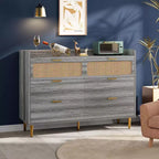 Acekool Commode double 6 tiroirs 47 Noyer, Commode moderne en rotin, Grande commode de rangement avec quincaillerie dorée pour chambre à coucher, salon, couloir