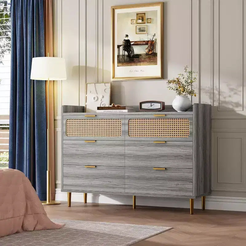 Acekool Commode double 6 tiroirs 47 Noyer, Commode moderne en rotin, Grande commode de rangement avec quincaillerie dorée pour chambre à coucher, salon, couloir