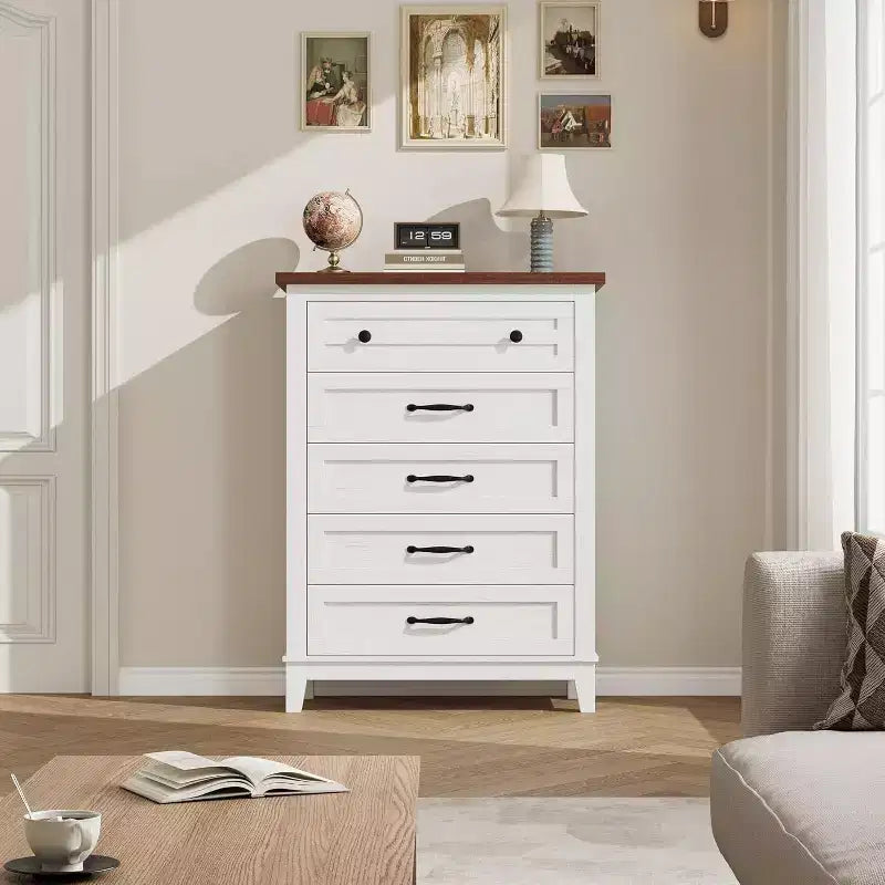 Acekool Commode Haute à 5 Tiroirs, Meuble de Rangement Vertical, Commode Moderne en Bois 41.3, pour Chambre à Coucher, Salon, Entrée