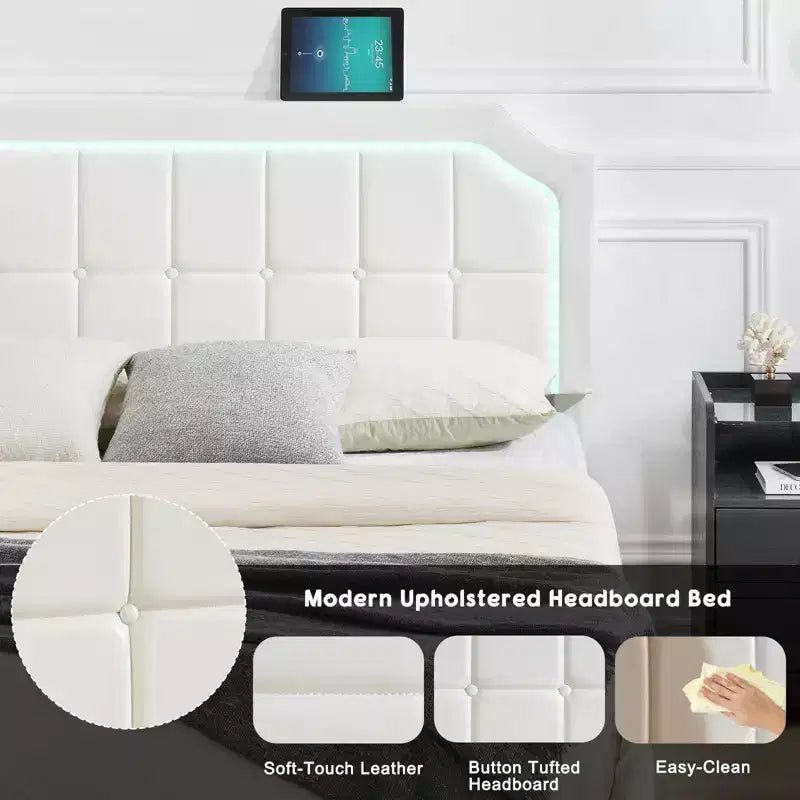 Lit flottant avec lumières LED RVB - Plateforme rembourrée avec tête de lit capitonnée réglable, aucun sommier tapissier requis, facile à assembler