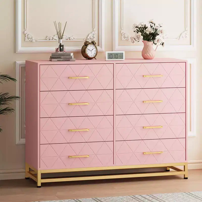 Commode TROPOW pour chambre à coucher avec 8 tiroirs, commode de meuble TV, grande commode en bois pour rangement et organisation (Blanc)