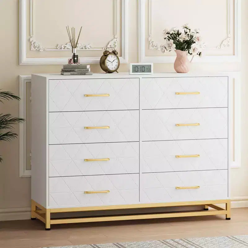 Commode TROPOW pour chambre à coucher avec 8 tiroirs, commode de meuble TV, grande commode en bois pour rangement et organisation (Blanc)