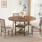 Table à manger ronde de 47 po pour 4 à 6 personnes, table de cuisine moderne en bois avec étagères de rangement et pieds en métal romain, table seule, pour salle à manger