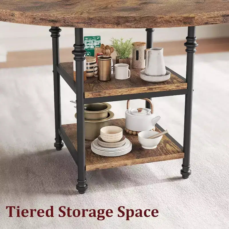 Table à manger ronde de 47 po pour 4 à 6 personnes, table de cuisine moderne en bois avec étagères de rangement et pieds en métal romain, table seule, pour salle à manger