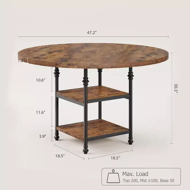 Table à manger ronde de 47 po pour 4 à 6 personnes, table de cuisine moderne en bois avec étagères de rangement et pieds en métal romain, table seule, pour salle à manger