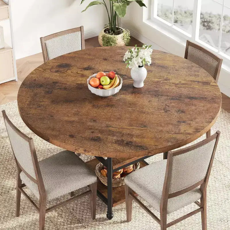 Table à manger ronde de 47 po pour 4 à 6 personnes, table de cuisine moderne en bois avec étagères de rangement et pieds en métal romain, table seule, pour salle à manger