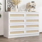 Commode Double 8 Tiroirs en Rotin, Commode de Rangement Moderne en Bois pour Chambre, Chambre d'Enfant, Placard, Salon et Entrée