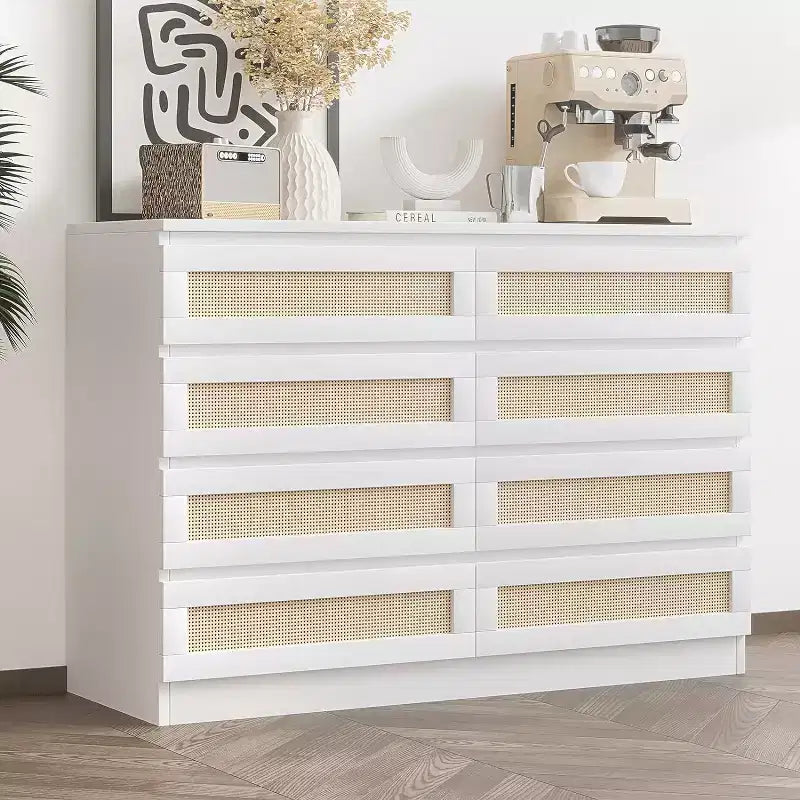 Commode Double 8 Tiroirs en Rotin, Commode de Rangement Moderne en Bois pour Chambre, Chambre d'Enfant, Placard, Salon et Entrée